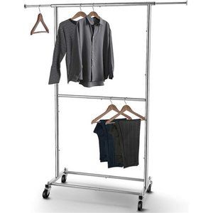 Double Rod Clothing Garment Rack, Rolling Clothes Organizer on Wheels, Chrome